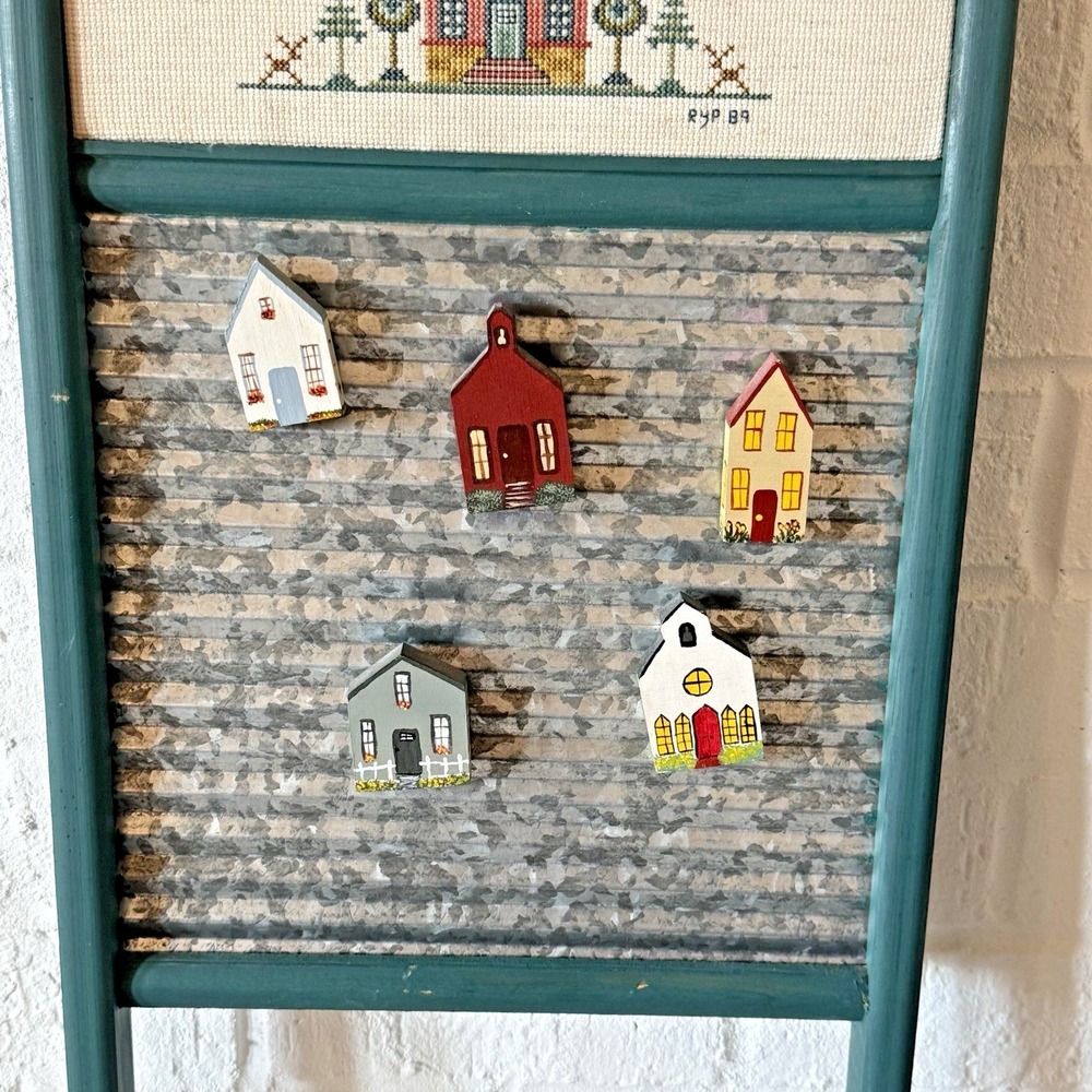 Vintage Washboard Wall Art Folk Cross Stitch 1989‎ House Magnets Cottage 24x12 - Picture 3 of 8